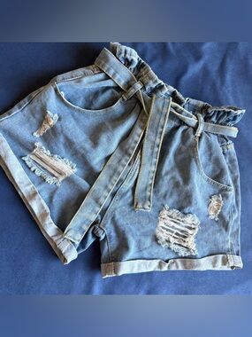 distressed paper bag shorts tie waist cute denim